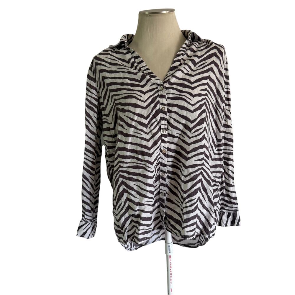 Tahari Grey White Zebra Stripe 100% Linen Button Up Blouse M Loose Breezy